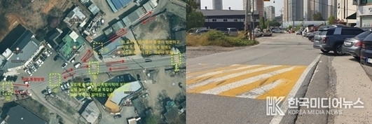 <strong>하남시 감일로 15번길 "오륜사거리 연결도로 개설공사" 내리막 도로 구간 공사전 이미지 방지턱 위치</strong>