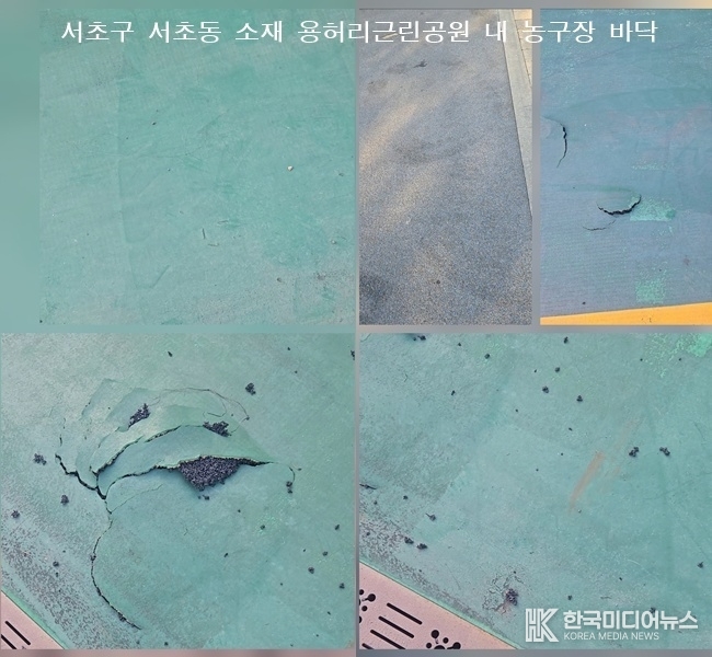 서초구 서초동 용허리근린공원 농주장 바닥재가 찢어지고 속 자재가 노출 선명한 타이어 자국