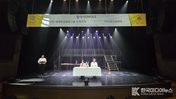 =사진설명 ; 임미숙 글로벌국장이 아트테크코리아 강태경 대표와 복사골문화센터 아트홀에서 업무협약(MOU) 체결식을 맺고 있다.