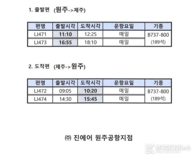 2025년 원주공항 동계 운항 일정
