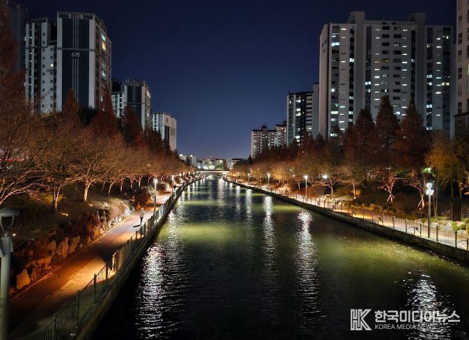 보도교 → 청송교 방향 야간 경관 사진