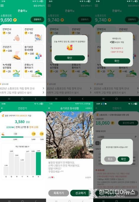 ‘안녕, 은빛SOL메이트’ 전용 앱 이용화면△왼쪽 위부터 메인화면, 안부인사(출석체크), 포인트적립, 건강걷기, 소통게시판, 포인트전환 화면 모습