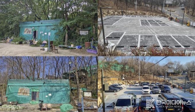 서울 성북구가 40년 불법 점유를 뿌리 뽑고 개운산을 구민에게 돌려주었다. 사진은 지역 주민의 숙원이었던 ‘개운산근린공원 공영주차장’ 조성 전(왼쪽)과 후(오른쪽). 불법 점유물을 정리해 총 26면의 주차장을 조성했다. 현재 임시개방 중이며 2026년부터 정식 운영한다.