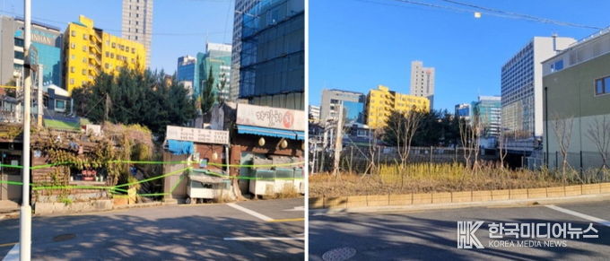 서대문구가 장기간 무단 점유돼 도시 경관을 저해하던 경의중앙선 철로 주변(충정로3가 155-5 일대 경의 제2녹지)을 ‘완충녹지’로 복원했다. 사진은 전후 비교 모습.