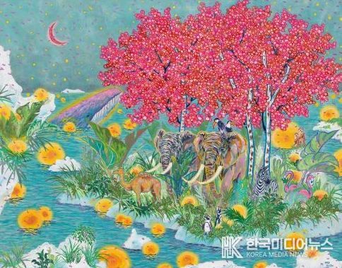 윤우제 작, 기어이 자작나무는 분홍 꽃을 틔워냈고 그들의 여행 같은 표류는 시작되었다. (116x91, 장지에 수간안료, 2025)