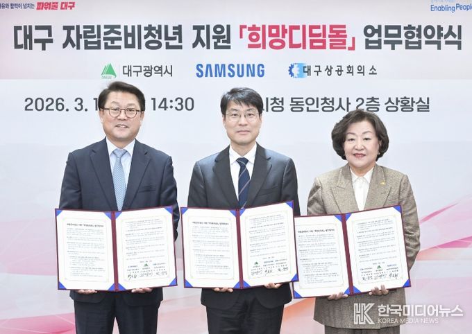 대구광역시는 삼성전자, 대구상공회의소와 함께 3월 16일 시청 동인청사 상황실에서 자립준비청년의 안정적인 사회 정착과 취업지원 강화를 위한 ‘희망디딤돌 업무협약(MOU)’ 체결