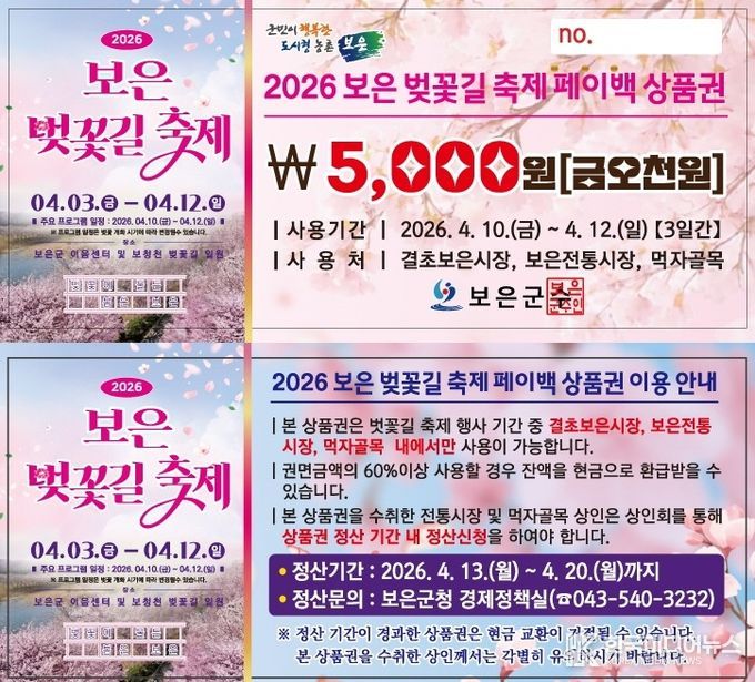 보은군, 벚꽃길 축제 맞아 ‘지역상권 활력’ 페이백 이벤트 추진