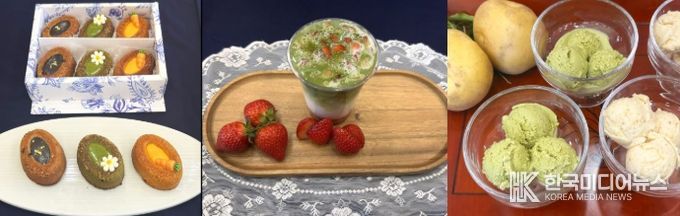 보성군, ‘제49회 보성다향대축제’ 먹거리 시식회 개최_축제장 먹거리 부스 디저트(녹차로만든 빵, 말차딸기라떼, 녹차젤라또)